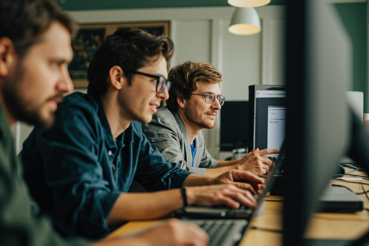 A small agency team working around a desk, several devices showing different conversations.