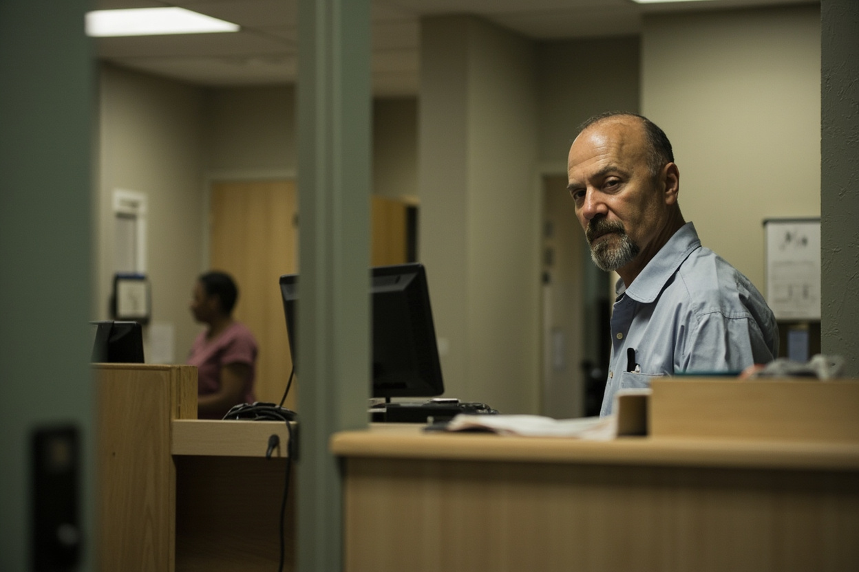 A clinician at a small practice reception desk between appointments, mid-conversation on a headset.
