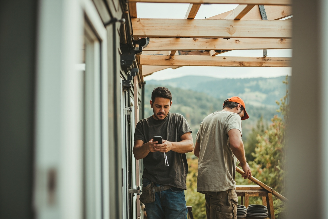Two tradespeople on a residential job site, one checking a phone between tasks.