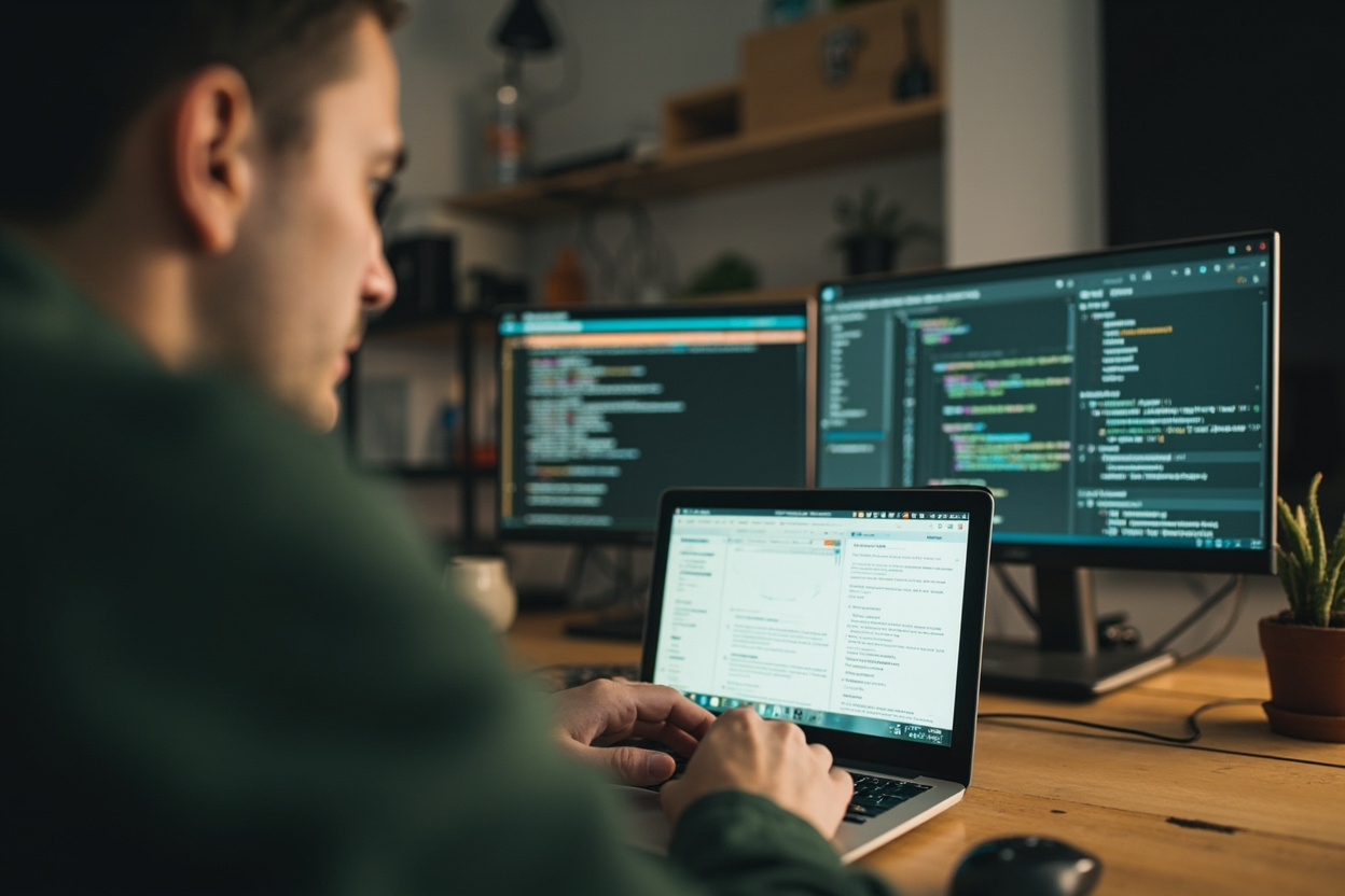 A developer at a desk with documentation open beside their editor.