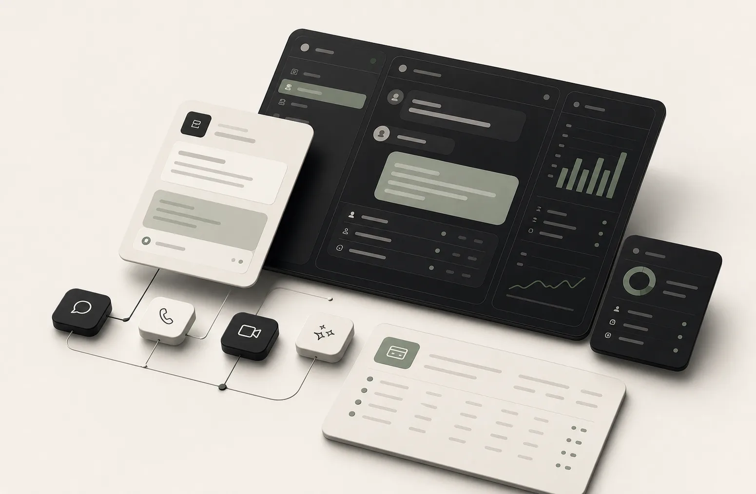Abstract product visual showing website chat, voice, video, AI answers, analytics, and billing connected in one workspace.